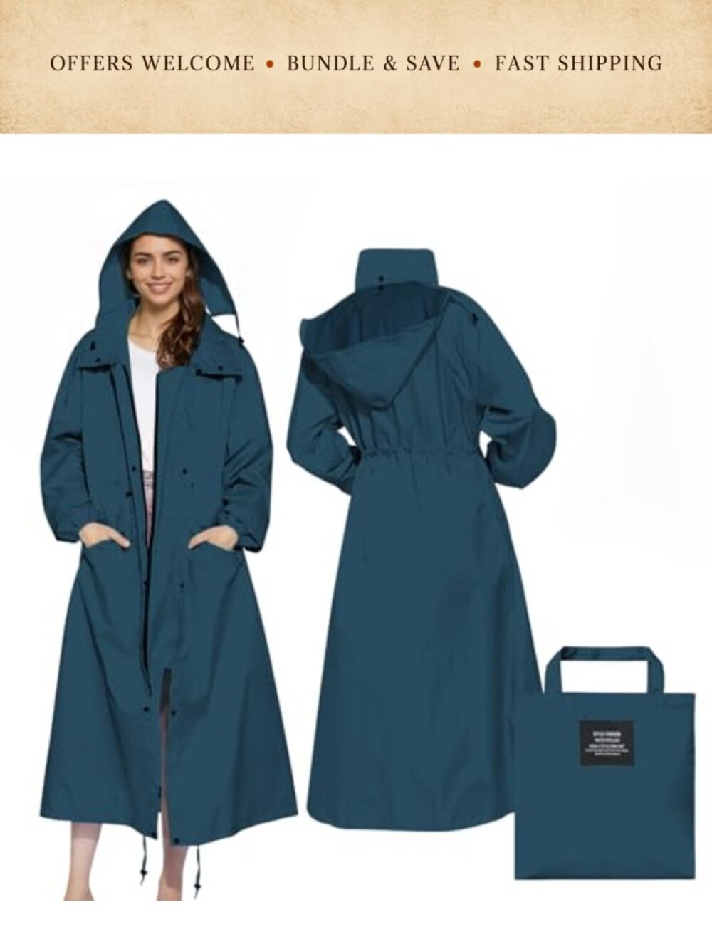 LAMA Womens Long Waterproof Packable Hooded Raincoat Adjustable Waist
